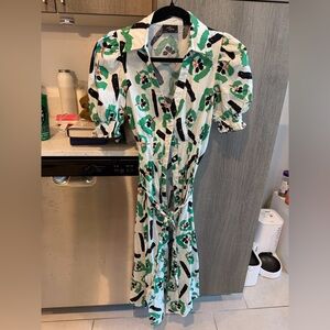 Printed Wrap Maxi Dress with Puff Sleeves in Green